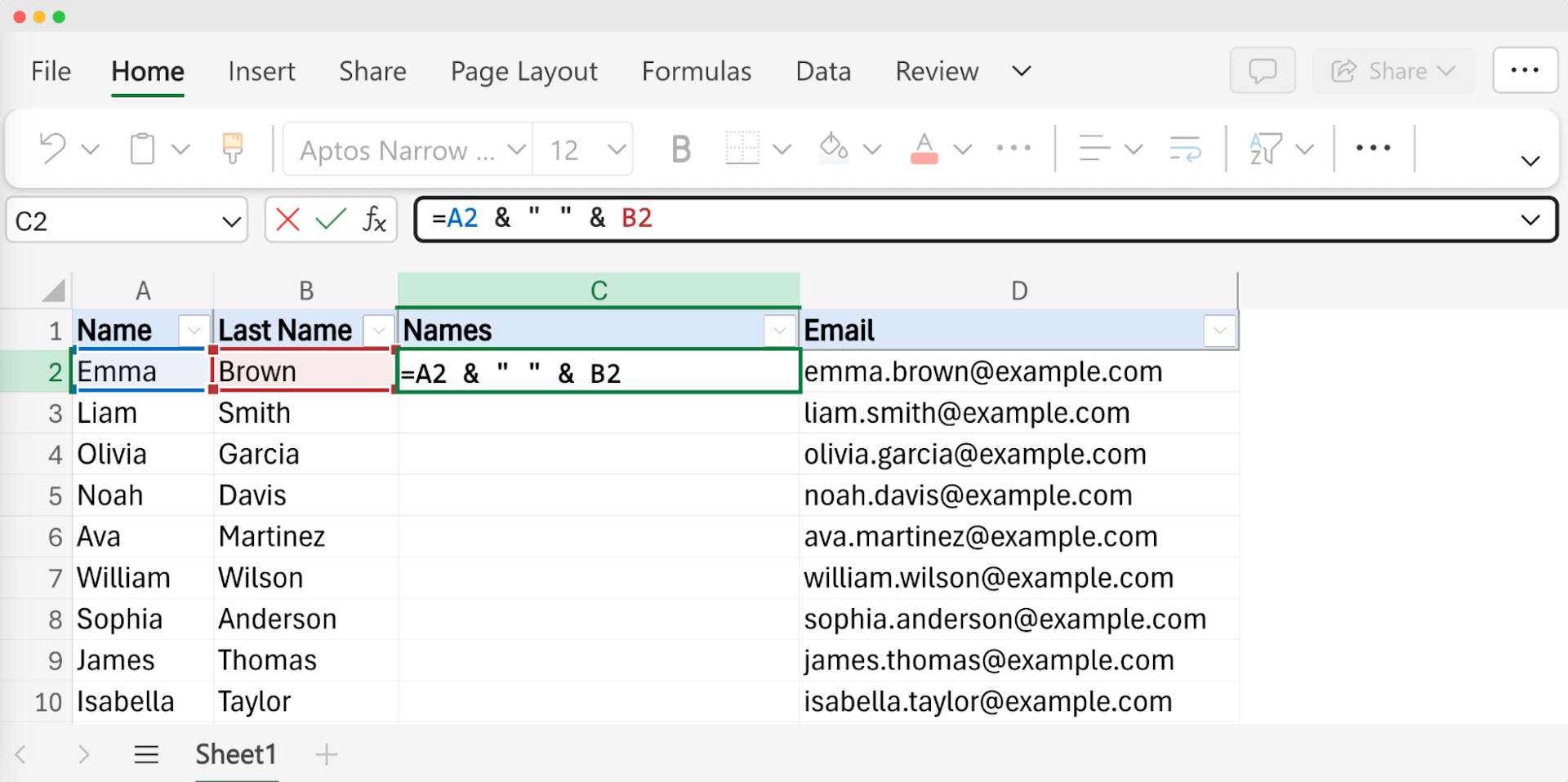 Excel sheet with a formula showing how to combine first, middle, and last name in Excel, highlighting the formula used in the Names column.