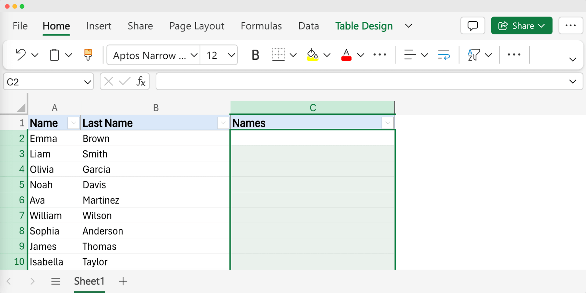 An Excel table showing how to prepare the spreadsheet to combine first name and last name in Excel.