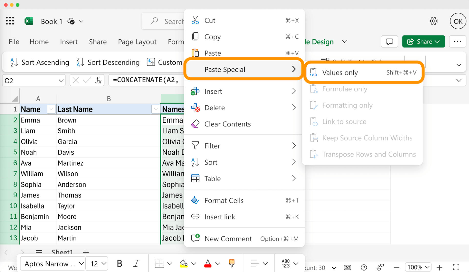  Example of the tip to combine first and last name in Excel and converting formulas to values.