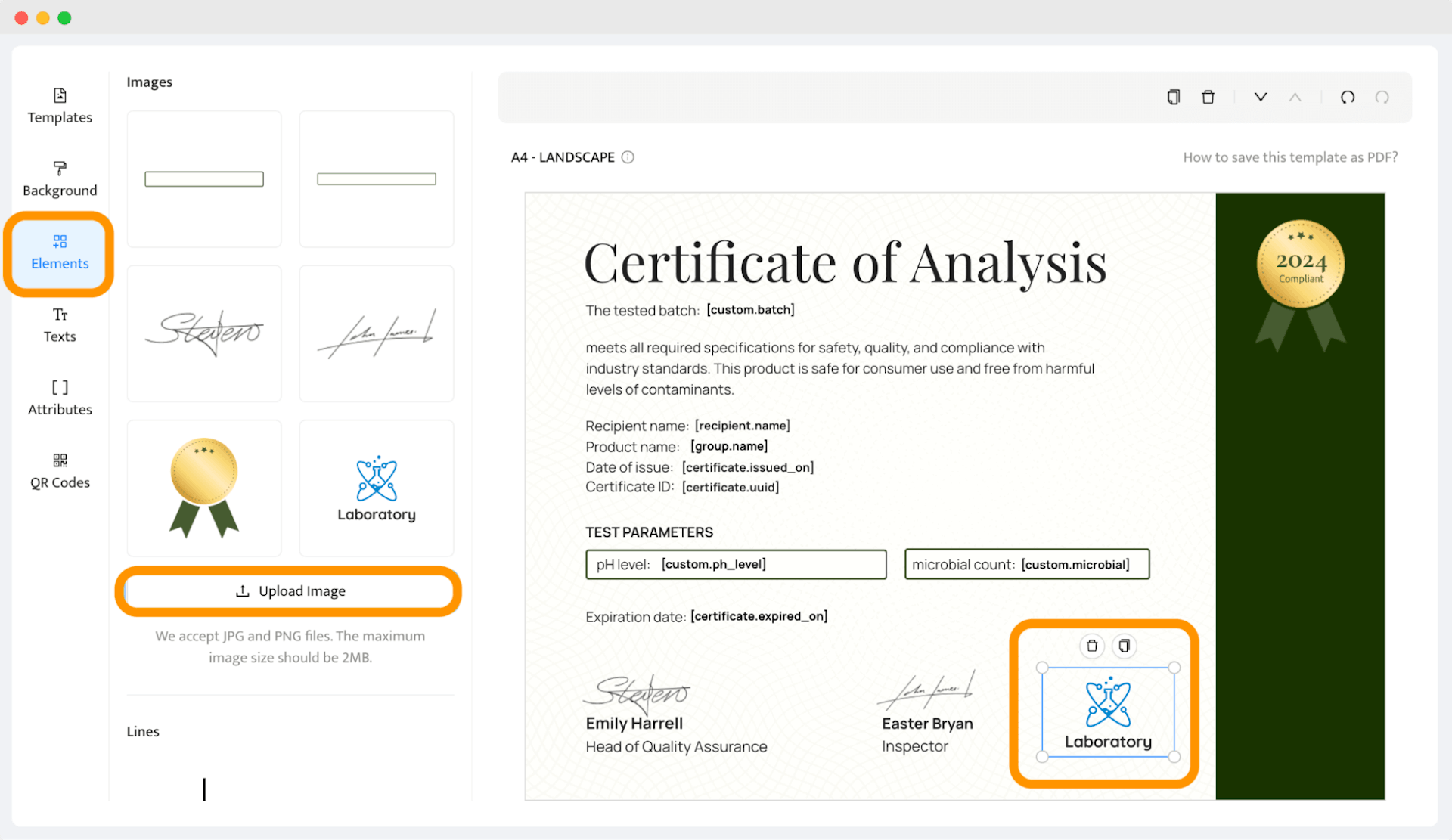  Interface for creating a Certificate of Analysis, showing customizable product specifications.