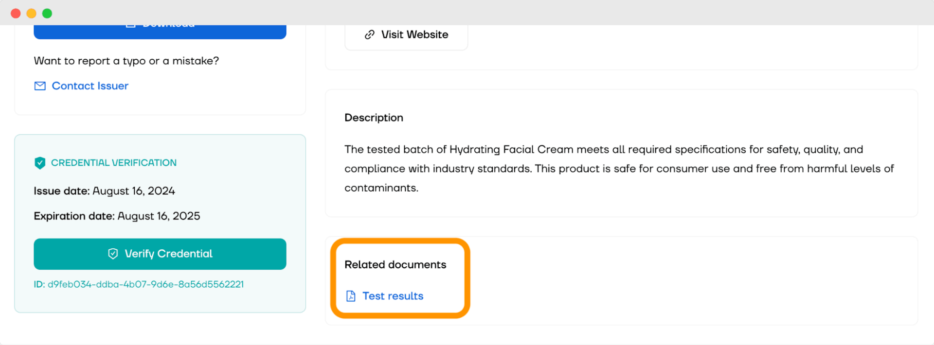 Verification section for a Certificate of Analysis showing the issue and expiration dates, crucial for product's specifications.