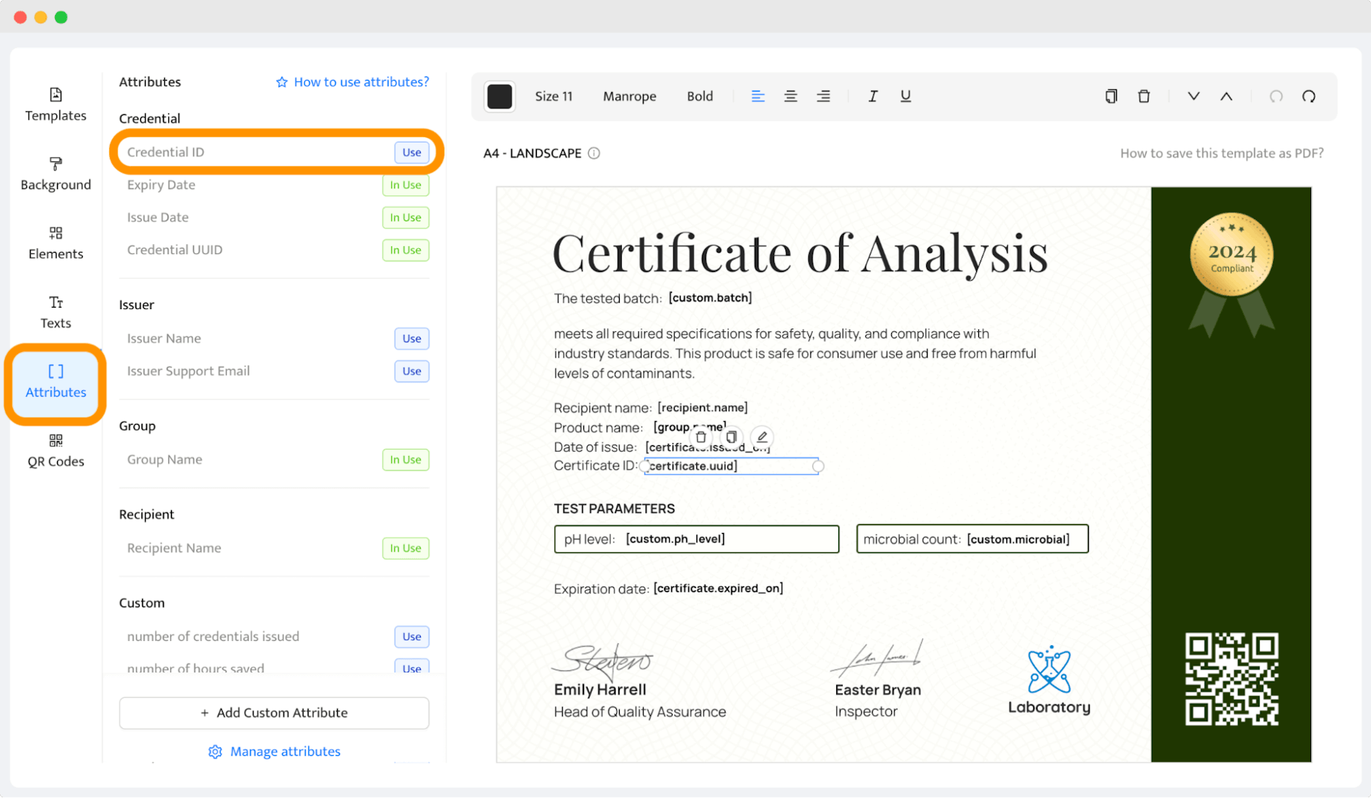 Interface for adding credential attributes like Credential ID, used for product identification in a COA document.