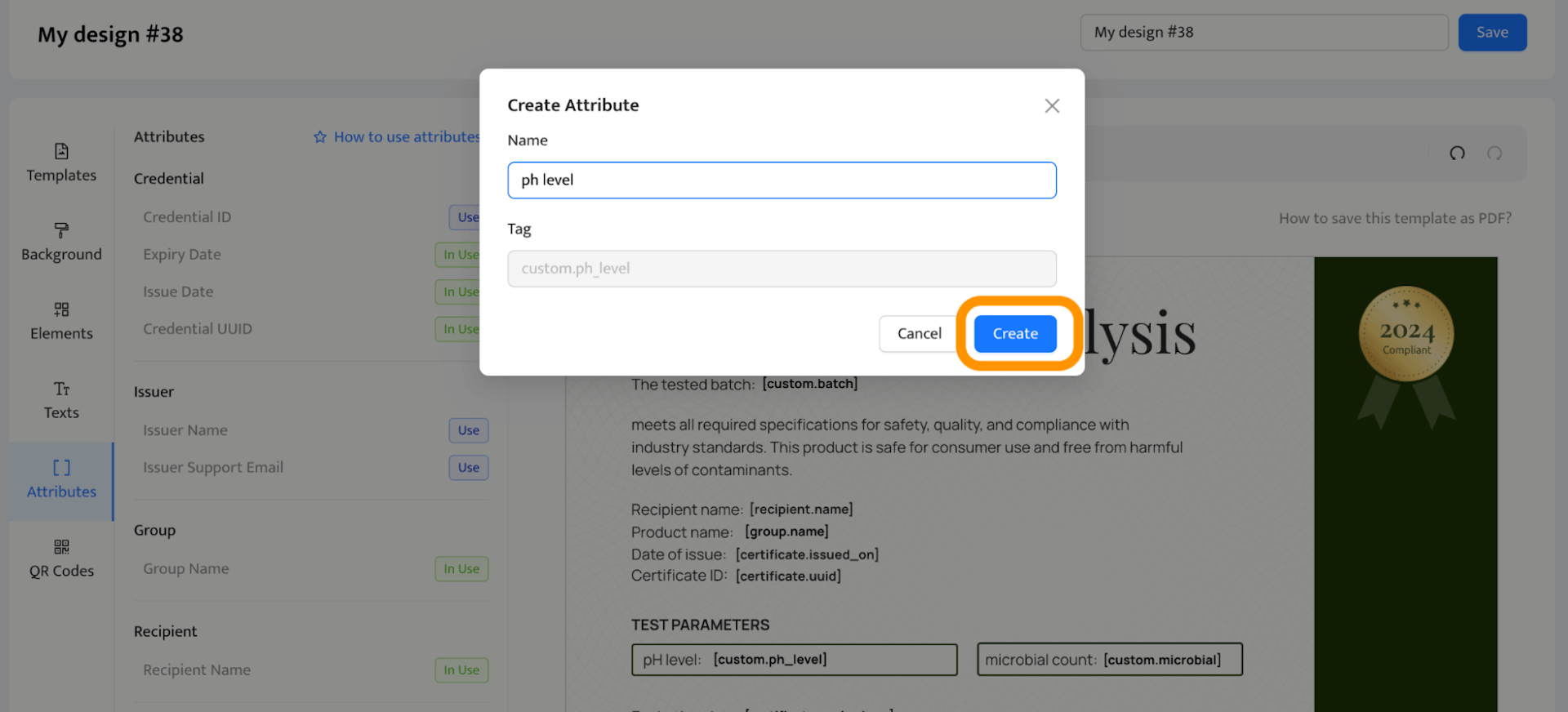 Interface for creating a custom attribute within a Certificate of Analysis.