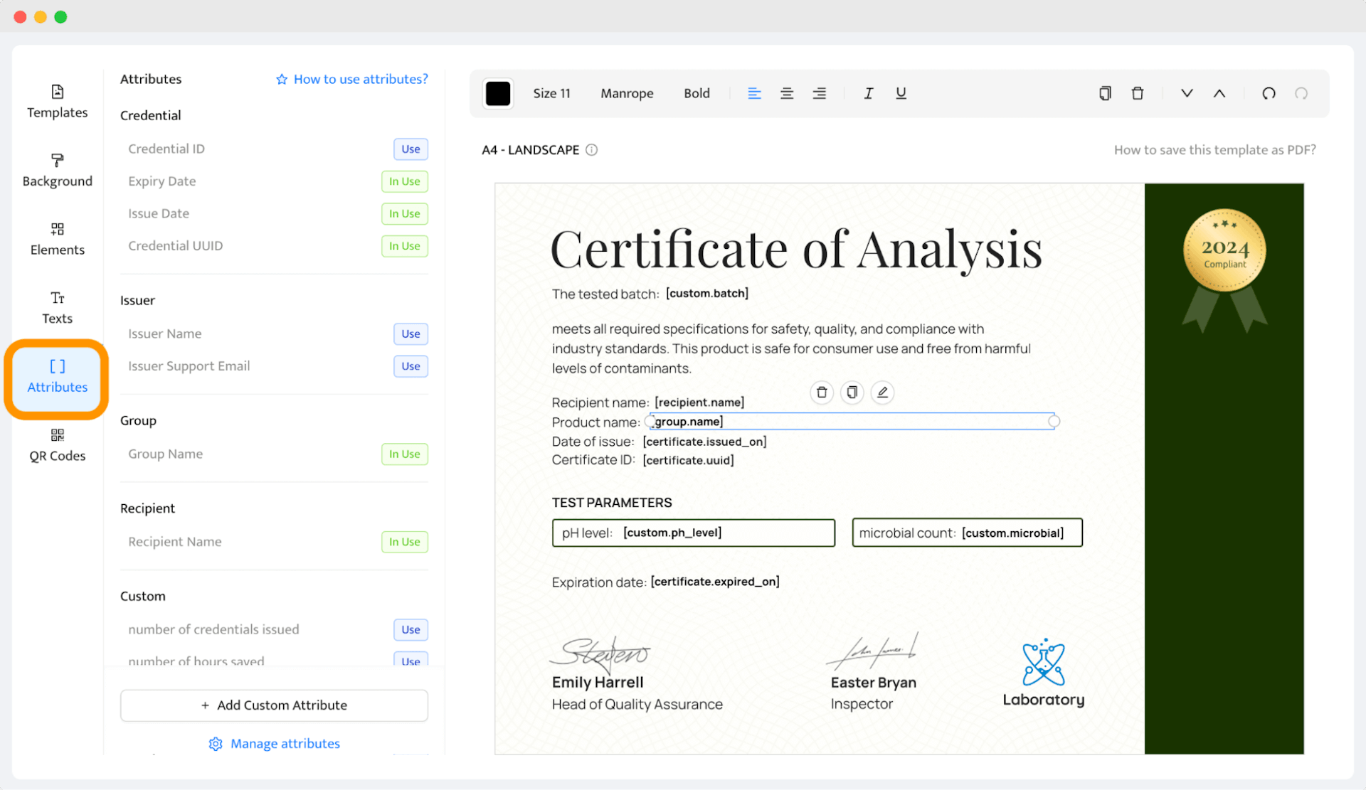 Attributes section for inputting product specifications in a Certificate of Analysis.