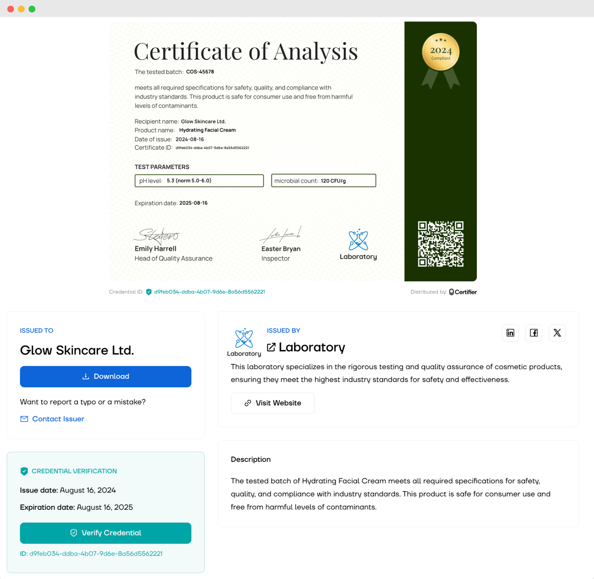 Completed Certificate of Analysis for Glow Skincare Ltd. within the digital wallet with verification, description and downloading option.