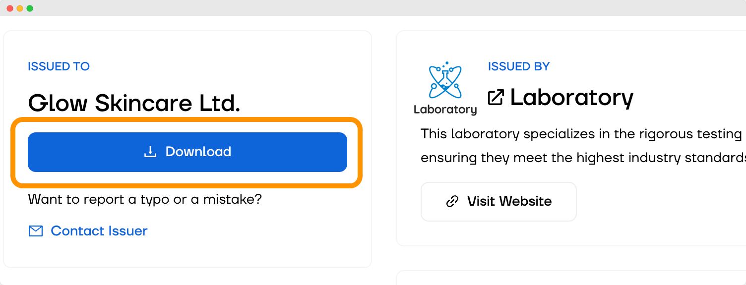 A downloadable certificate interface within the Certifier digital wallet, essential for product certification.