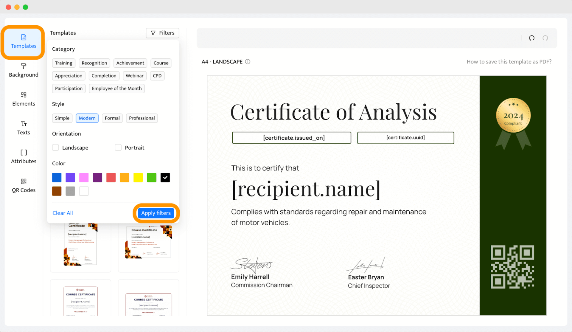 Adjusting certificate of analysis format using filters in the Certifier dashboard.