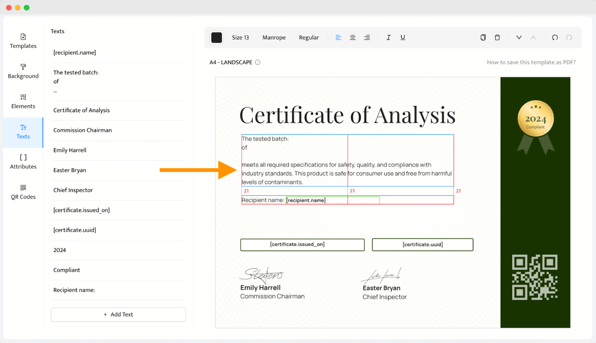 Text editing section of a Certificate of Analysis, used to ensure a clear description of all the tests conducted.