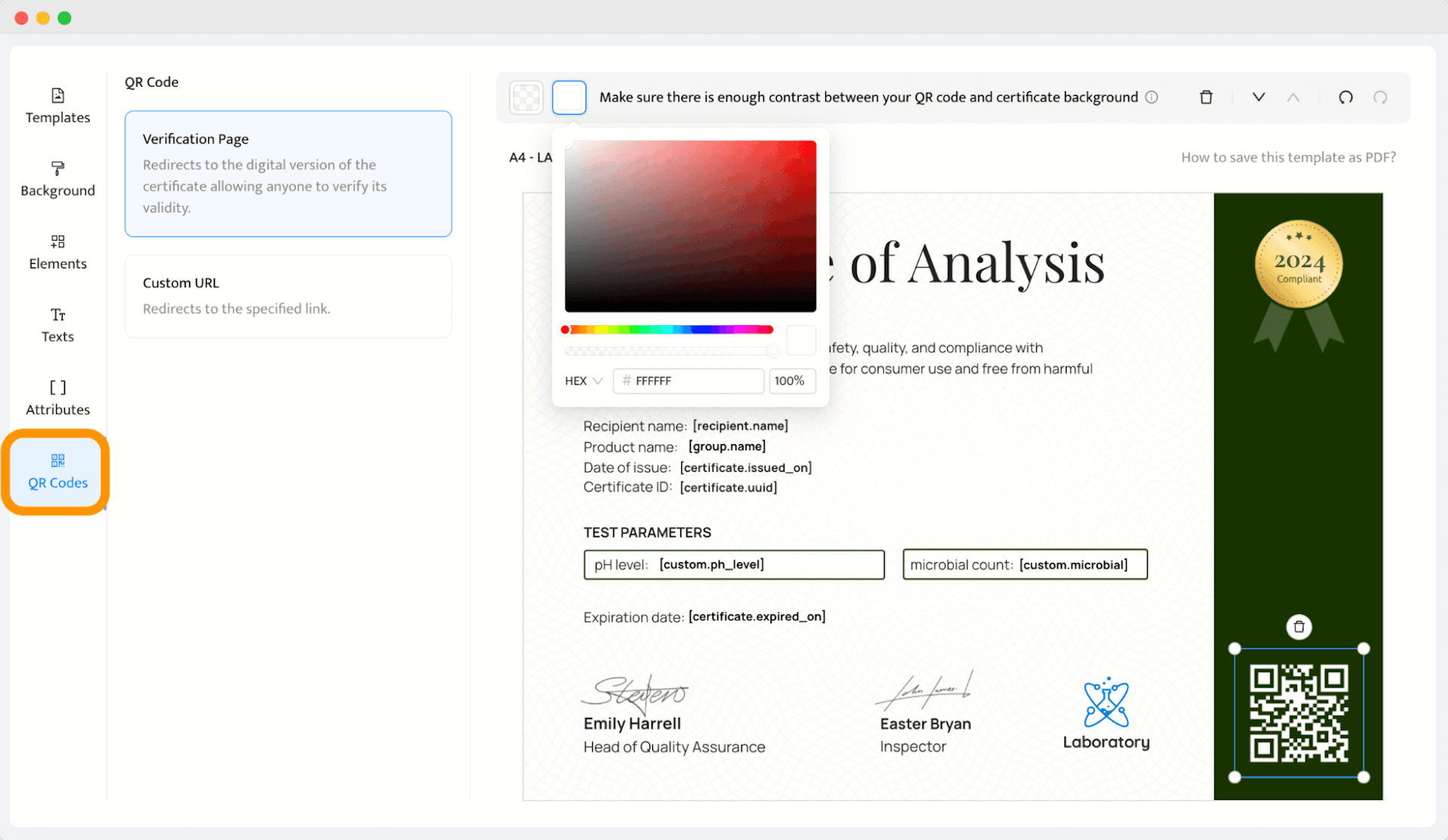 QR code settings for a Certificate of Analysis, enabling verification of the essential document's validity.