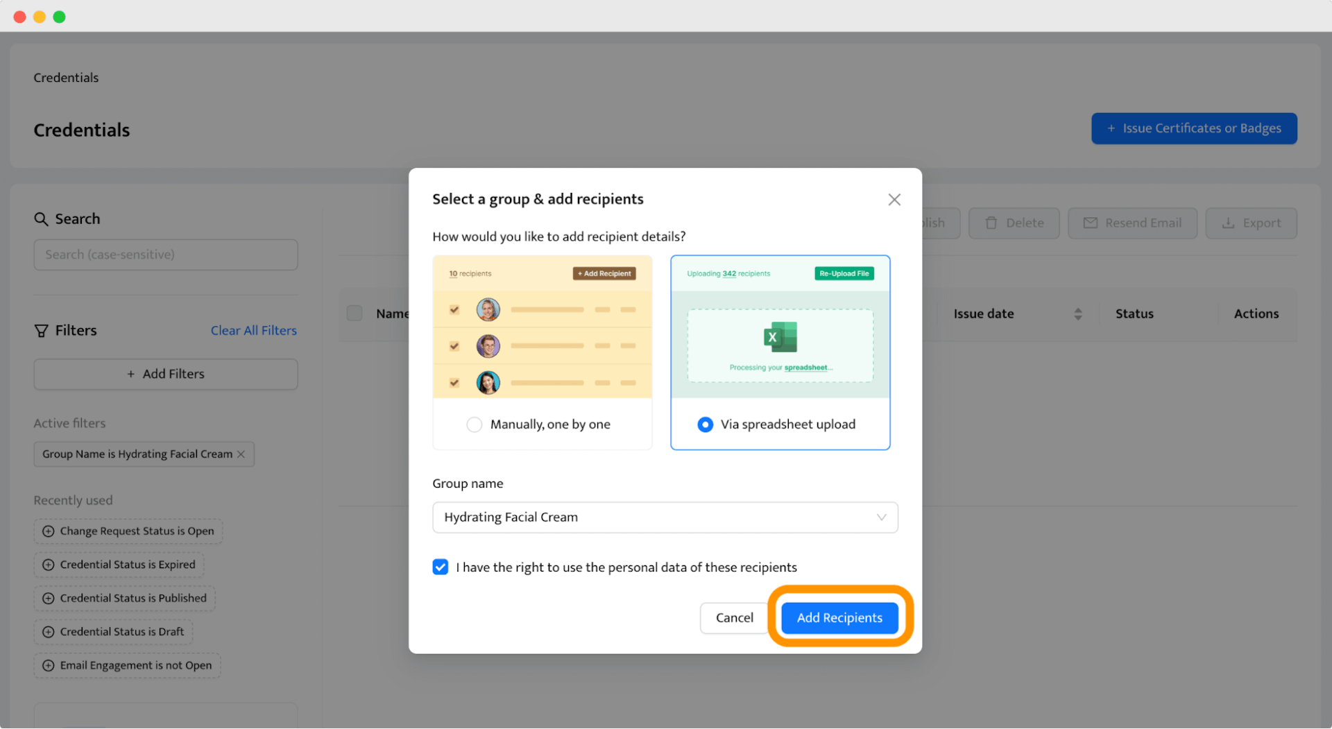 Dialog box for adding recipients to a Certificate of Analysis for export.