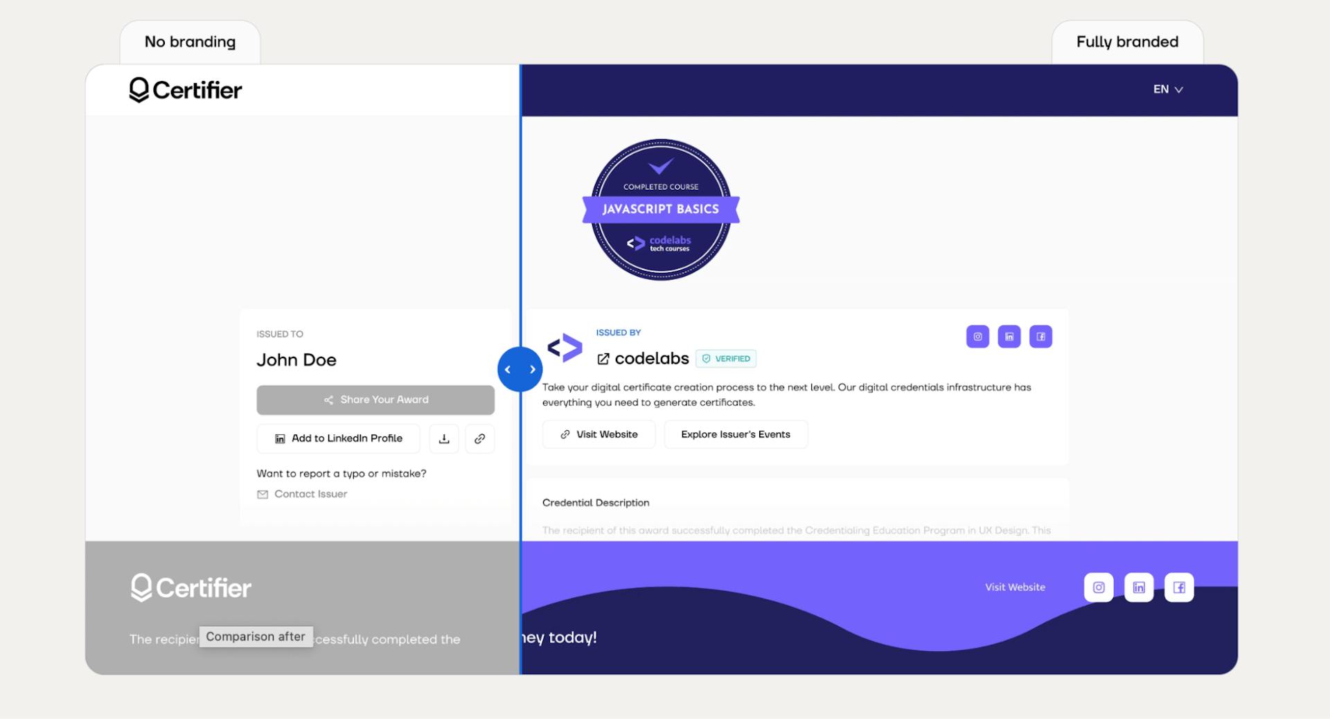 A comparison of digital wallet interface with and without branding, illustrating digital badges in higher education.