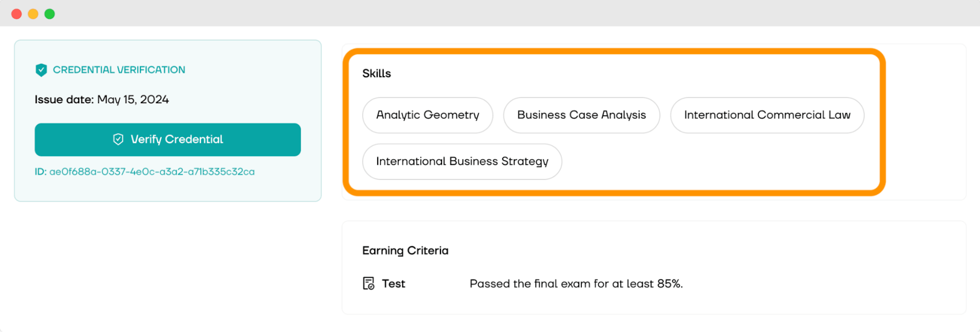 Credential verification screen displaying skill tags such as Analytic Geometry and International Business Strategy, linked to badge system for students.