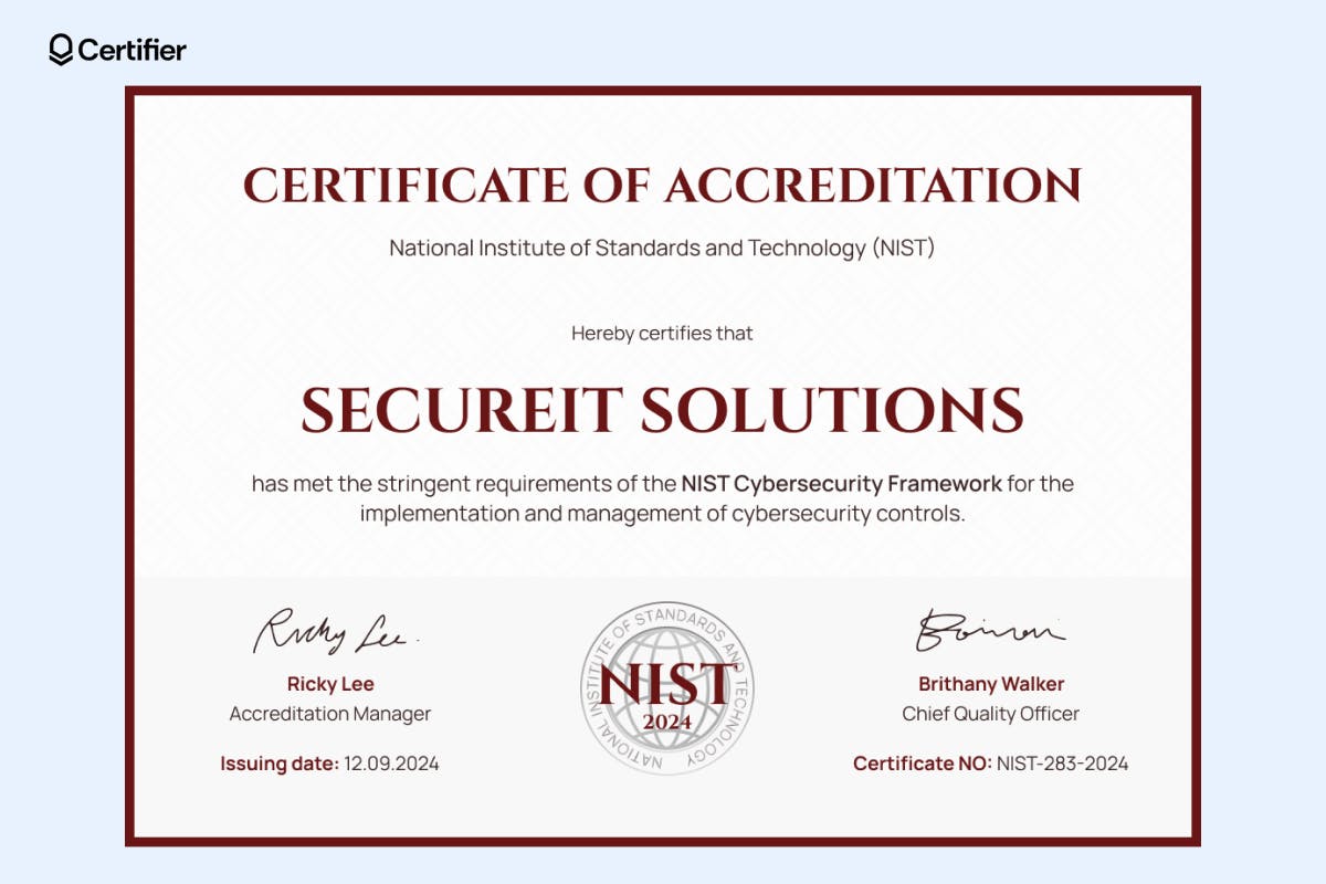 Accreditation certificate example that confirms the hospital's compliance with JCAHO standards, featuring a gold badge labeled 'Accredited Institution 2024' and a digital signature.