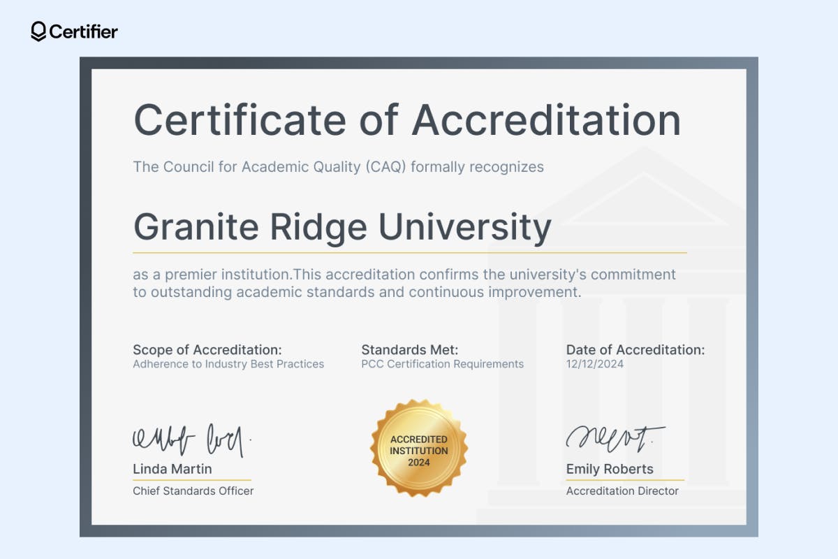 An accreditation template that can be used as a DOT accreditation certificate sample showcasing an organization’s hard work and dedication; design with an official seal and certification number, set against a clean, professional background.