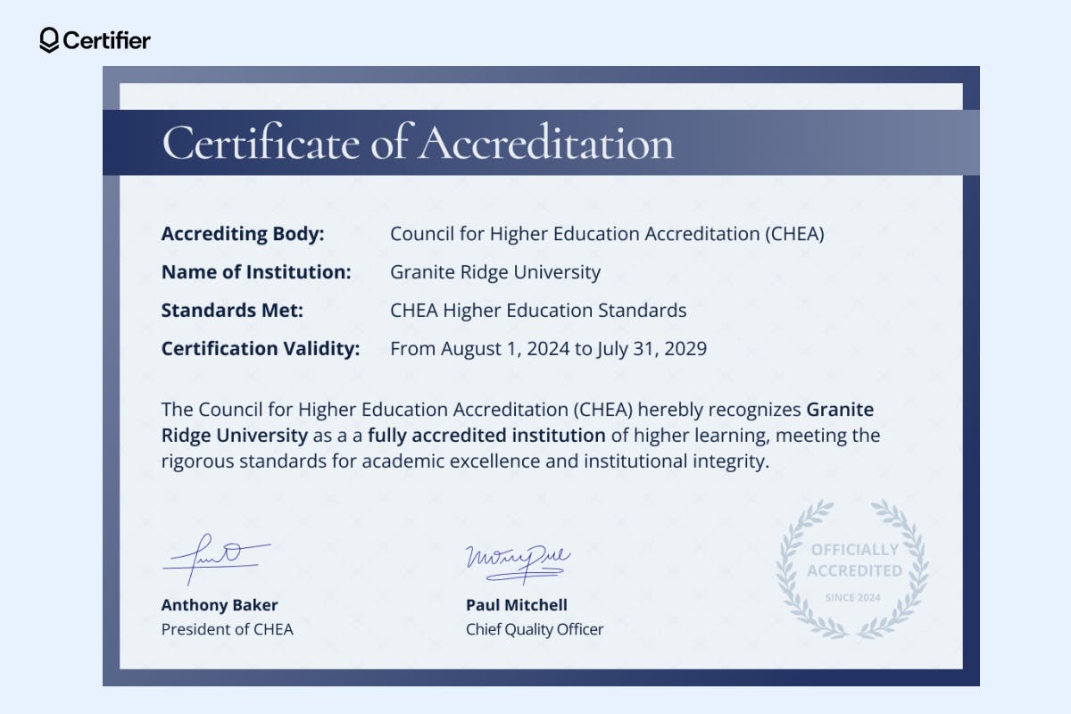 Elegant certificate of accreditation with a formal design, issued by a higher education accreditation body.