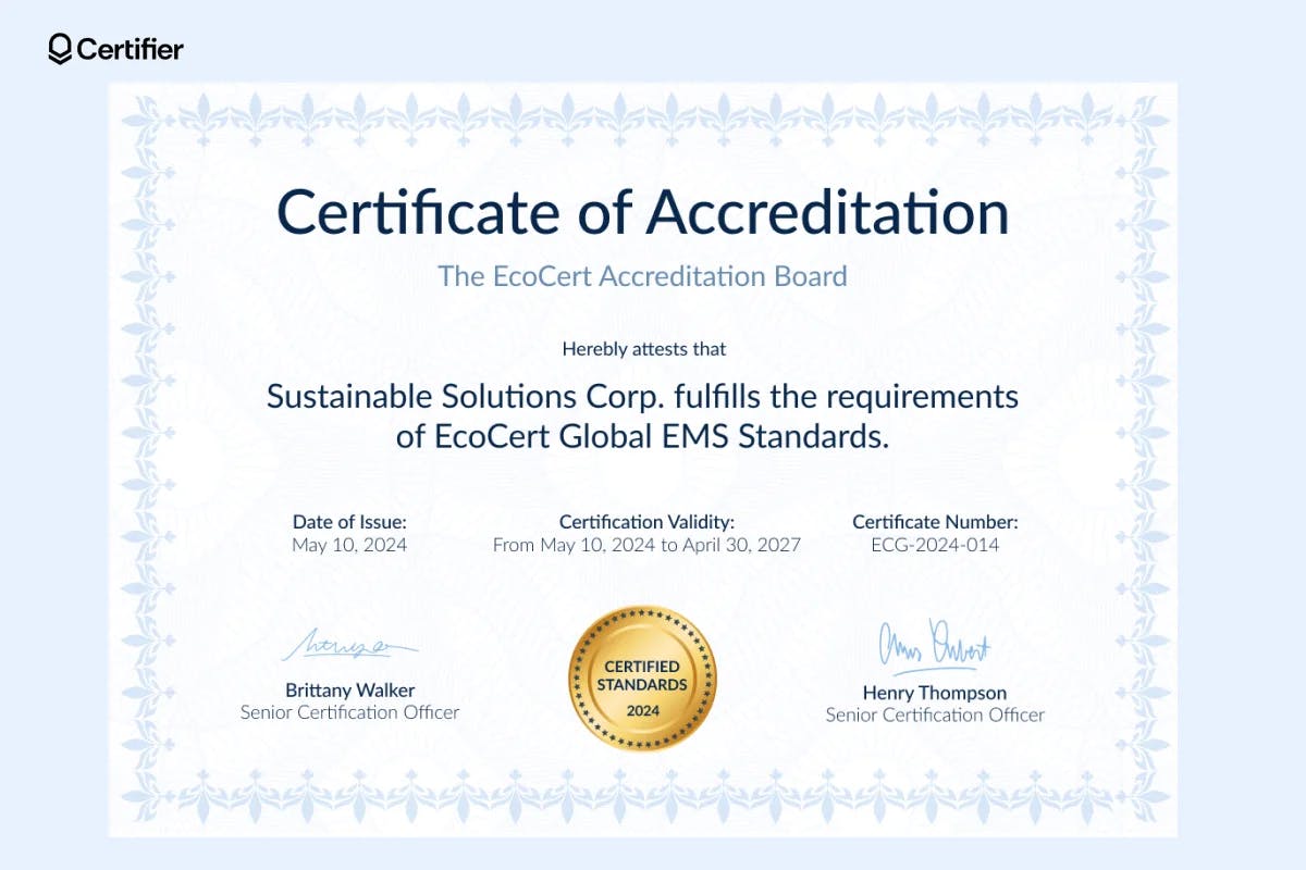 Certificate of accreditation template for a company that includes a certification number, a gold badge labeled 'Certified Standards 2024' and is signed by senior certification officers.