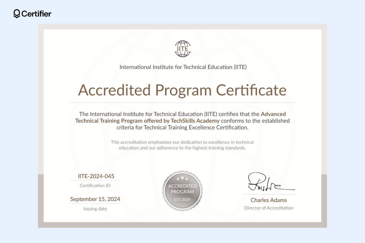 Accredited program certificate with a professional certificate design, featuring a certification ID, issuing date, and an official signature.