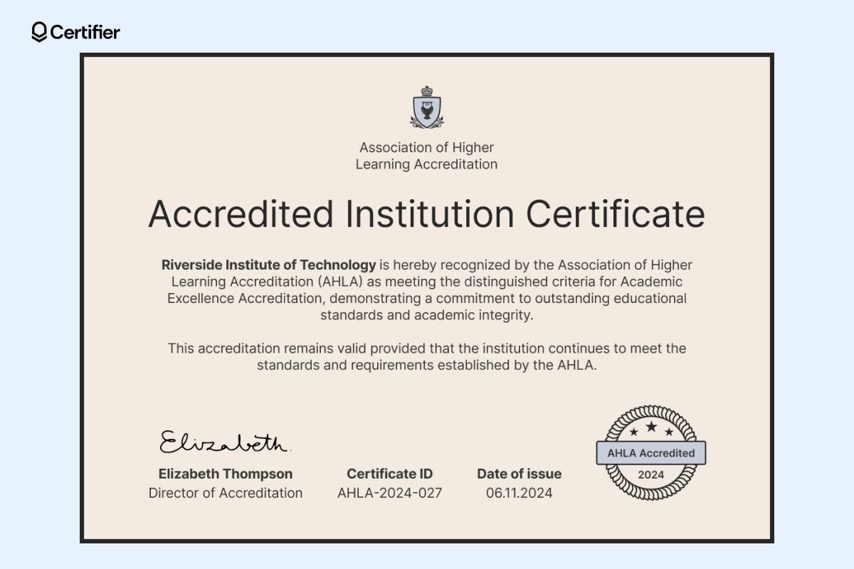 CPD accreditation certificate issued by a higher learning accreditation association, recognizing an institution for meeting criteria for academic excellence, including a certificate ID, issue date, and an official seal.