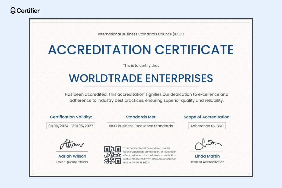 One of the professional certificate templates recognizing a company’s adherence to business excellence standards; this accreditation certificate example in blue and beige is ideal for educational or corporate settings.