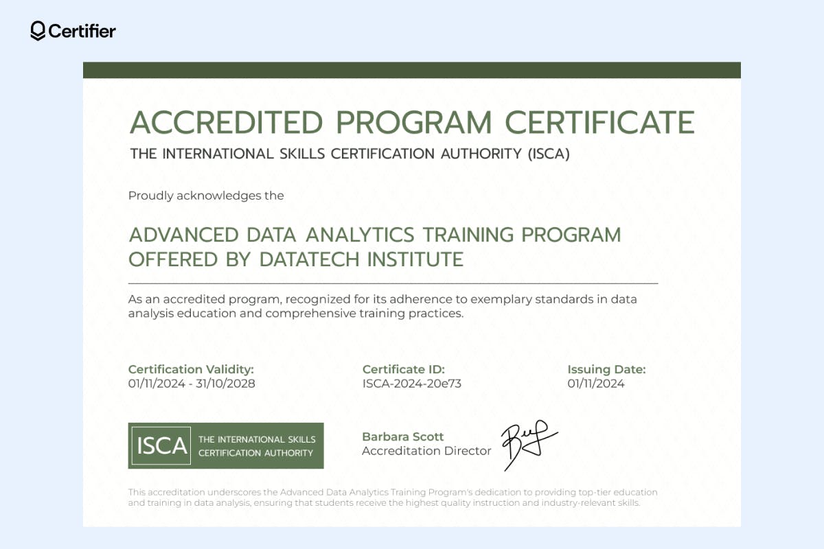 Accredited program certificate presented in a formal and professional form, recognizing a training course for its exemplary standards in data analysis education, including certification validity dates, a unique certificate ID, and an official signature.