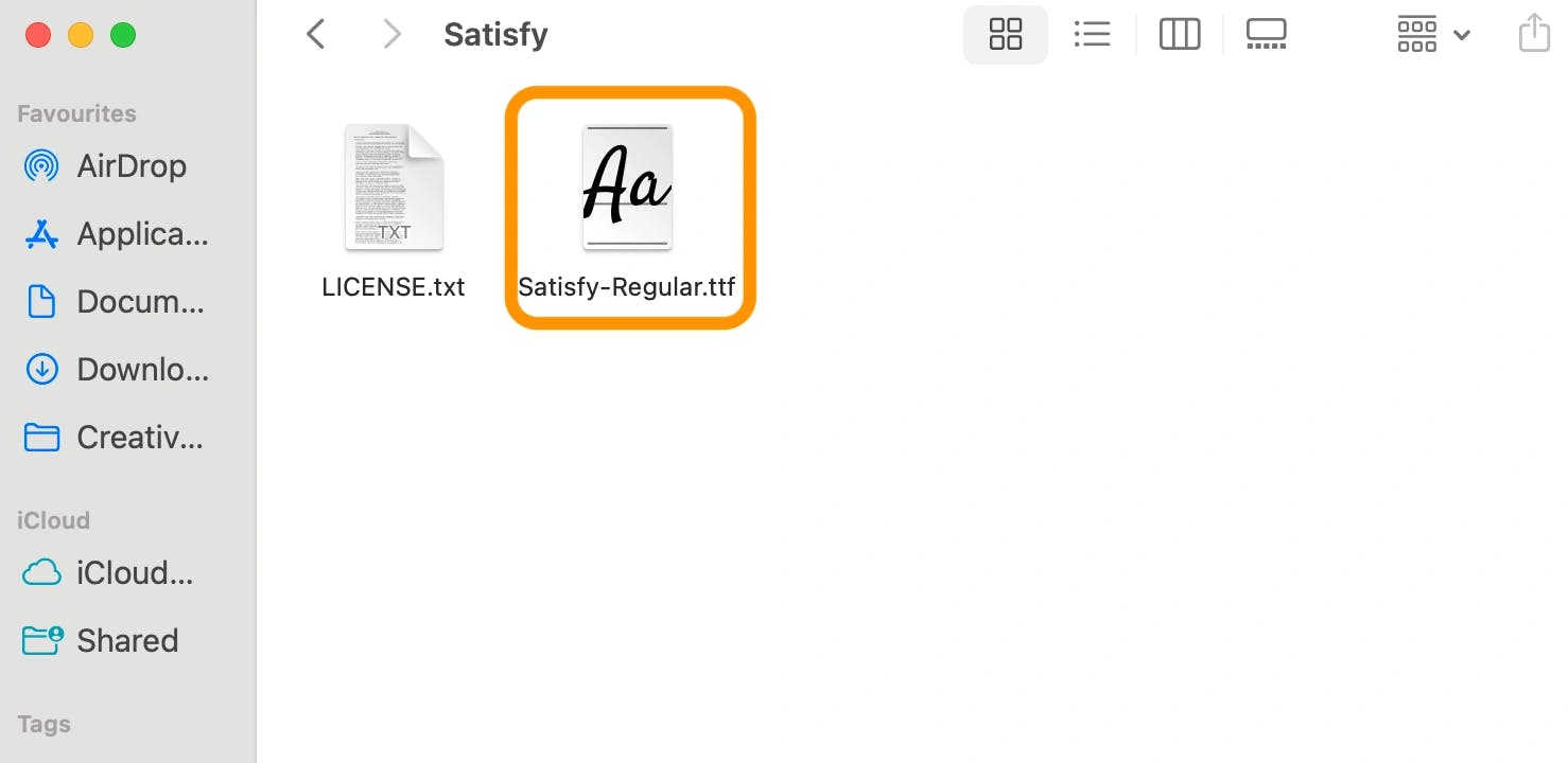 Instruction on choosing a file that enables to install the Satisfy font.