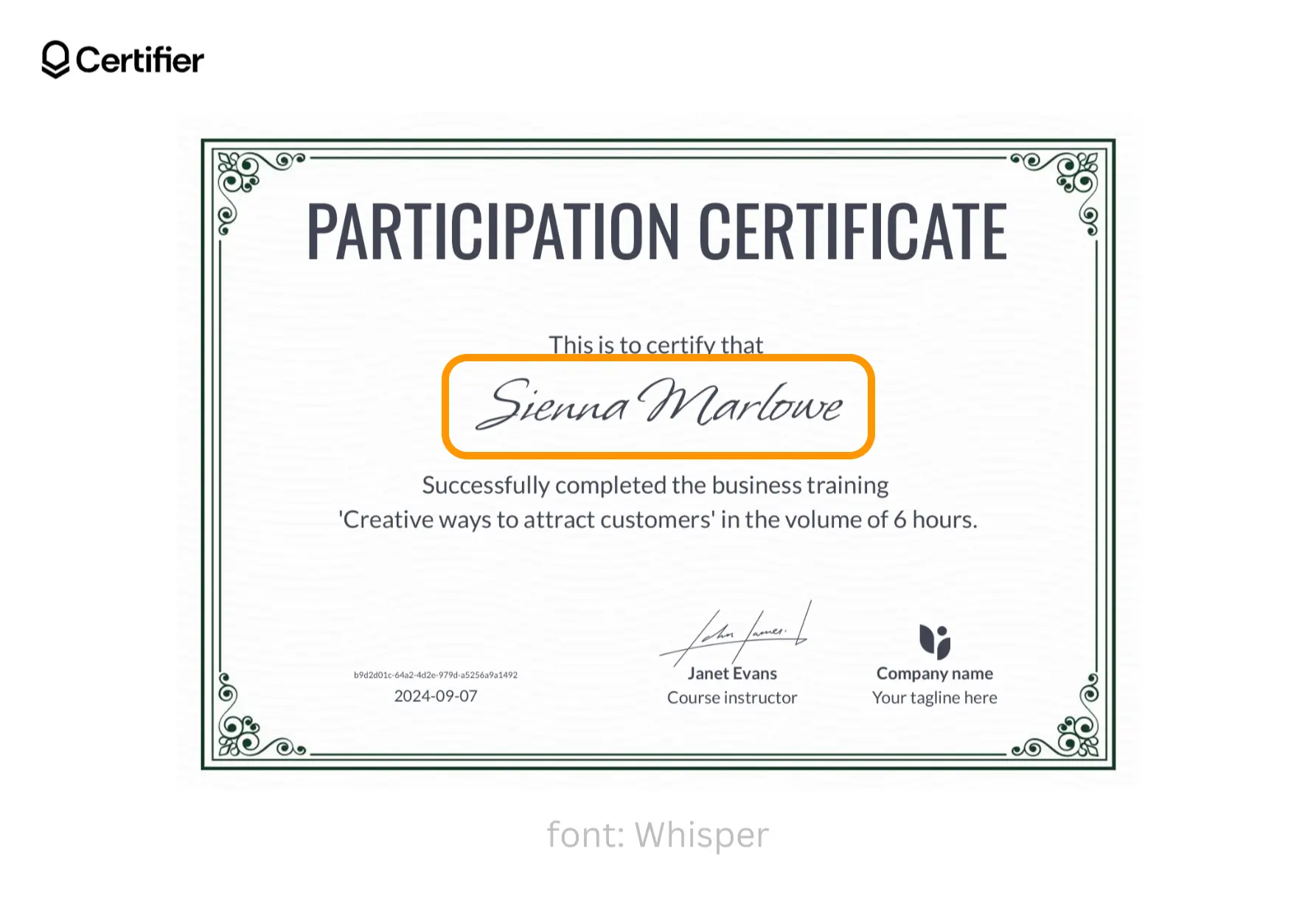 A Certifier’s template certificate that shows how one of the best signature fonts in Word presents, as suggested by an orange circle. The font is called Whisper.