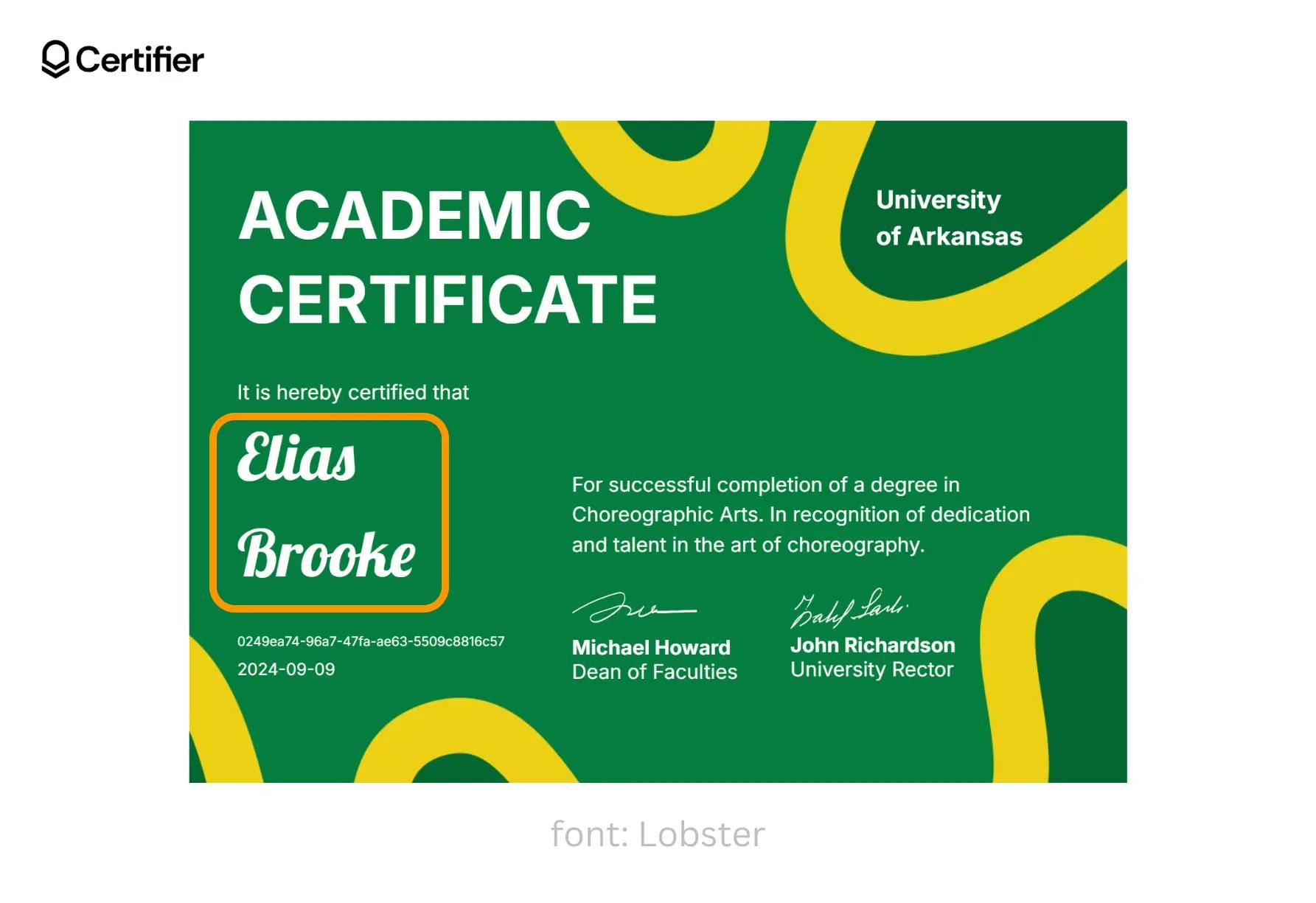 A template certificate available in Certifier that shows how a Word signature font presents, as suggested by an orange circle. The font is called Lobster.