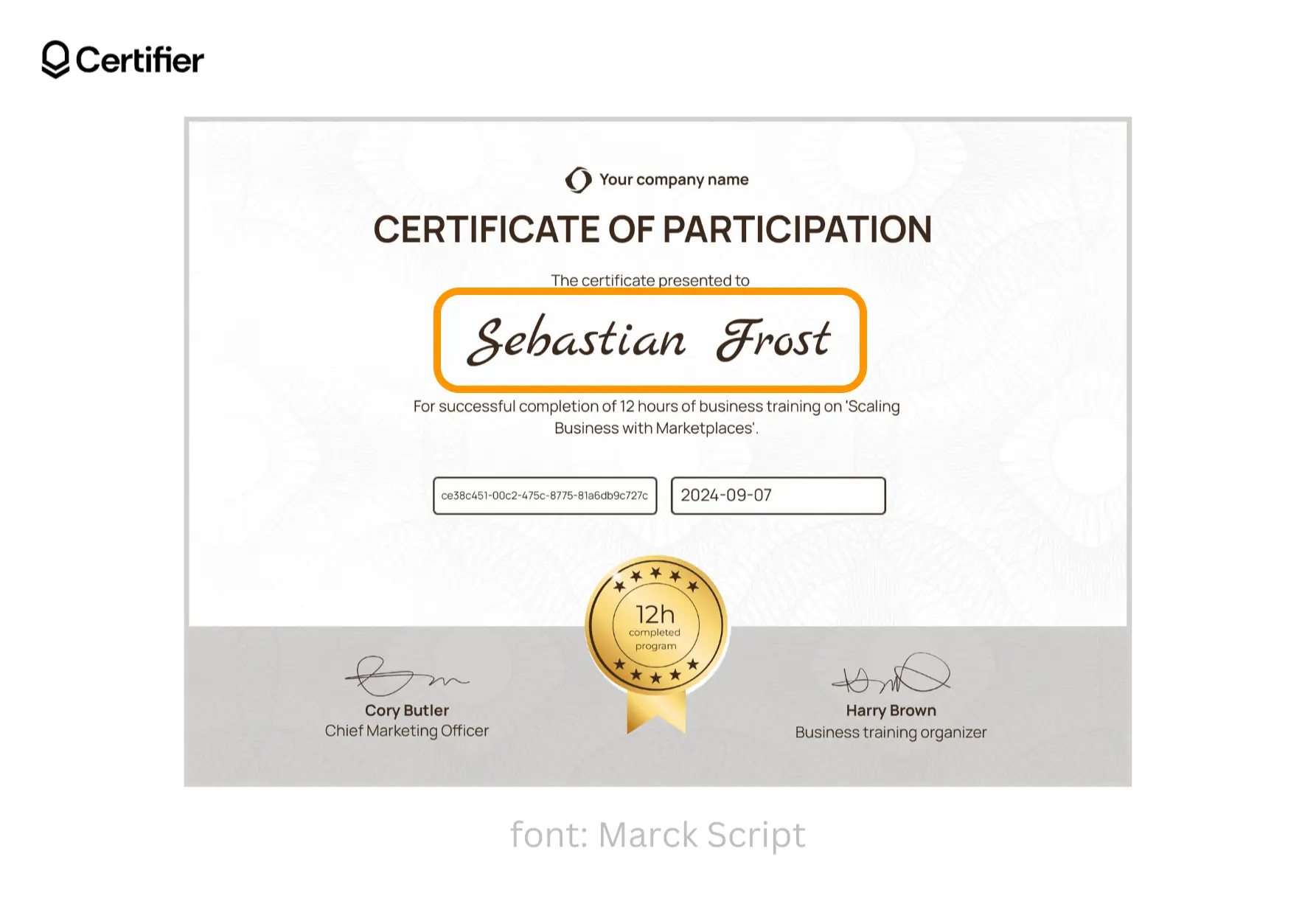 A lively cursive font for dynamic signatures called Marck Script presentef on a Certifier's template.