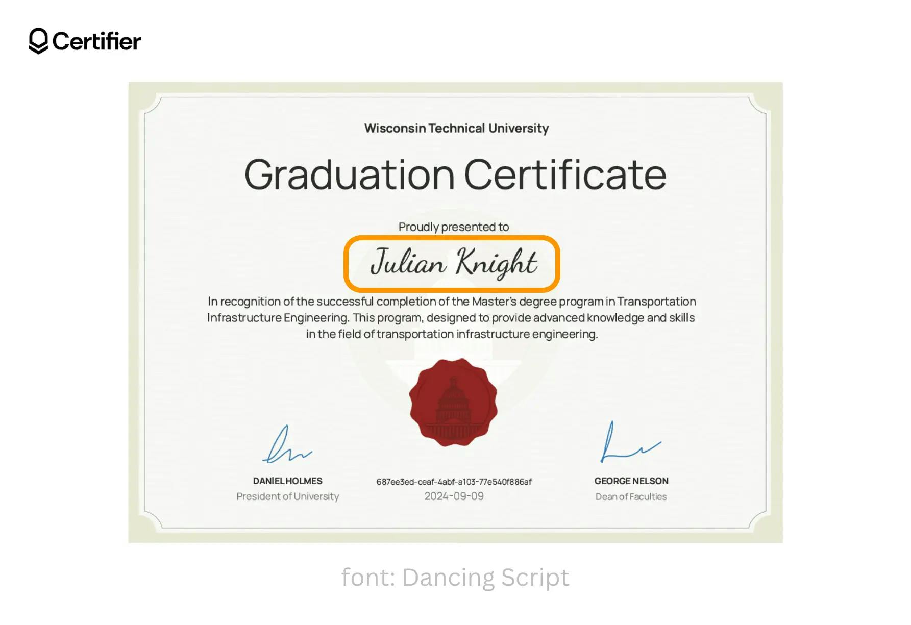 A Certifier’s template certificate showing how one of the signature fonts in Word presents, as suggested by an orange circle. The font is called Dancing Script.