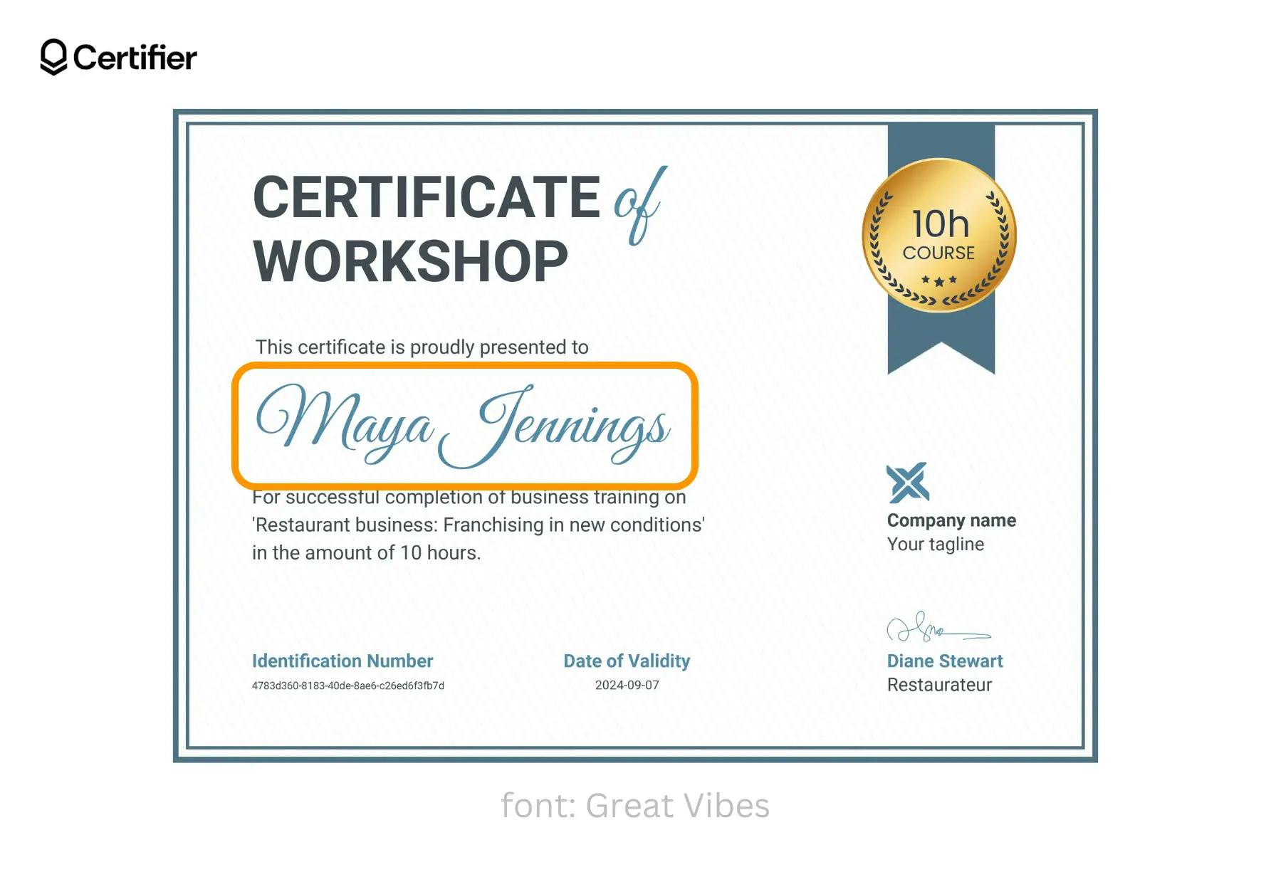 A certificate of workshop template from Certifier with the Great Vibes font.