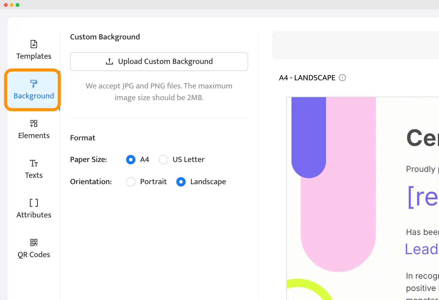 A background customization panel in an award certificate template editor, showing options to upload custom backgrounds and select paper size.