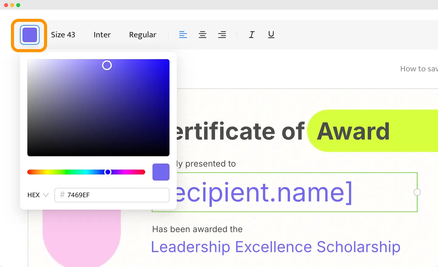  A color selection tool within an award certificate editor, showcasing how to customize the design and text color of award certificates.