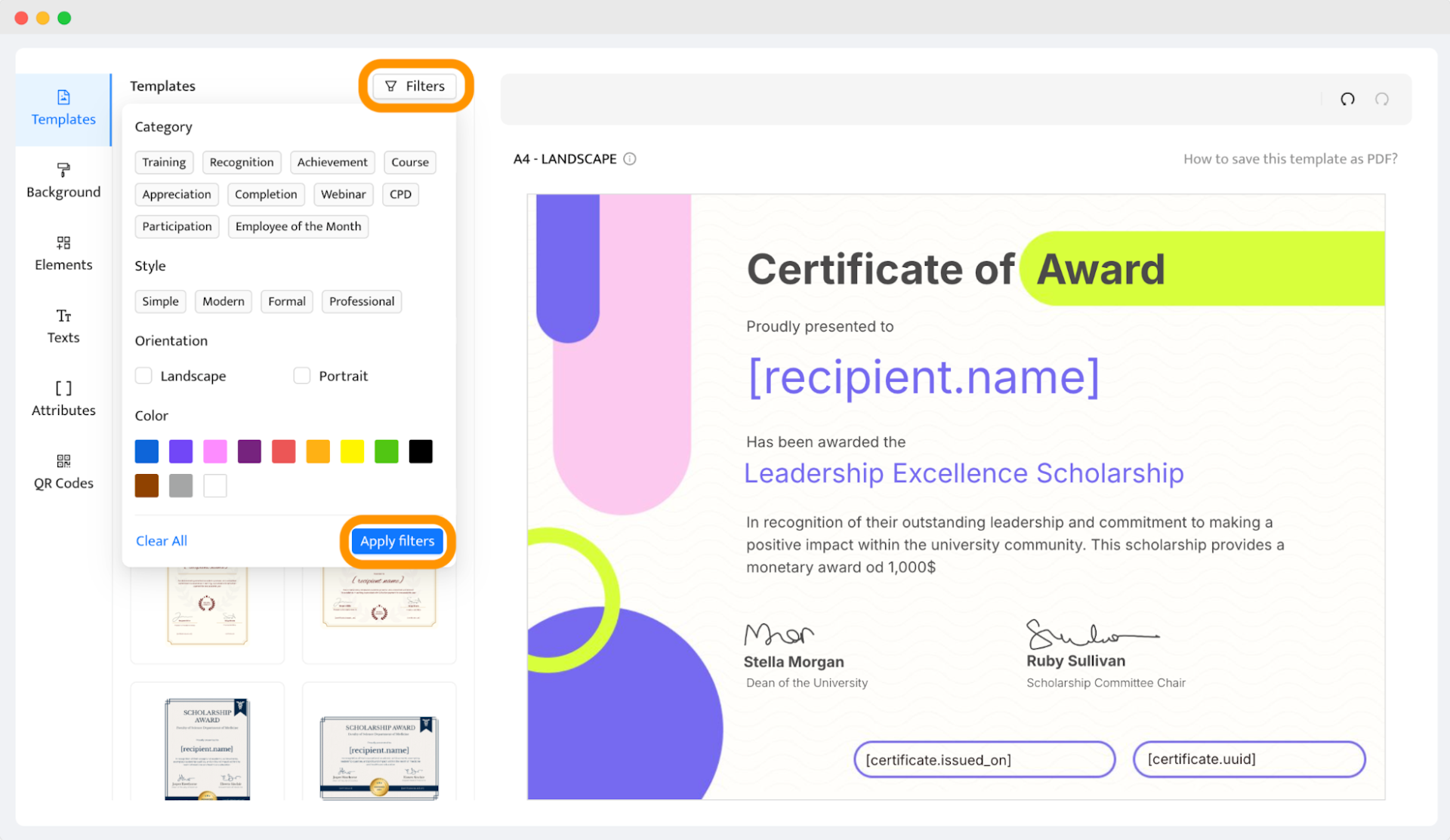 A template editor interface for customizing an award certificate, featuring filters for selecting categories, styles, and colors, illustrating how to design an award certificate.