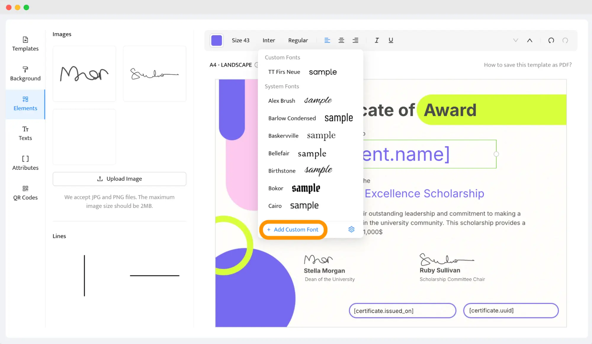  A font selection menu in an award certificate template editor, providing options to add custom fonts, emphasizing how to customize award certificate text styles.