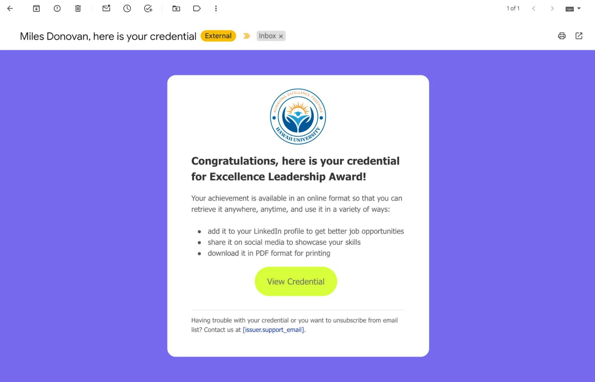 An email notification providing a link to view an online award certificate, highlighting how to write and distribute an award certificate.