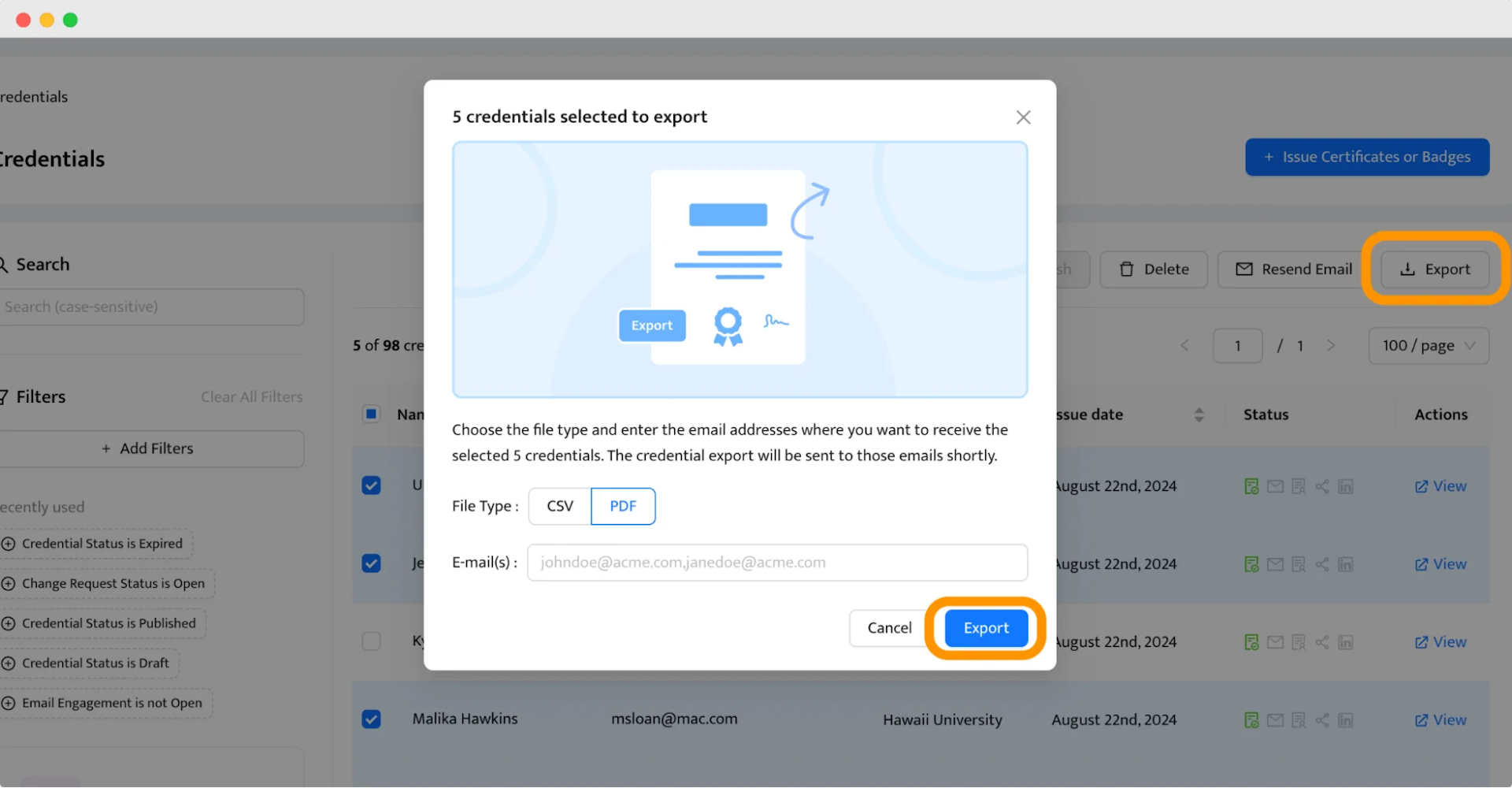 A pop-up window showing the export process of award certificates, with options to choose file type and enter email addresses for delivery.