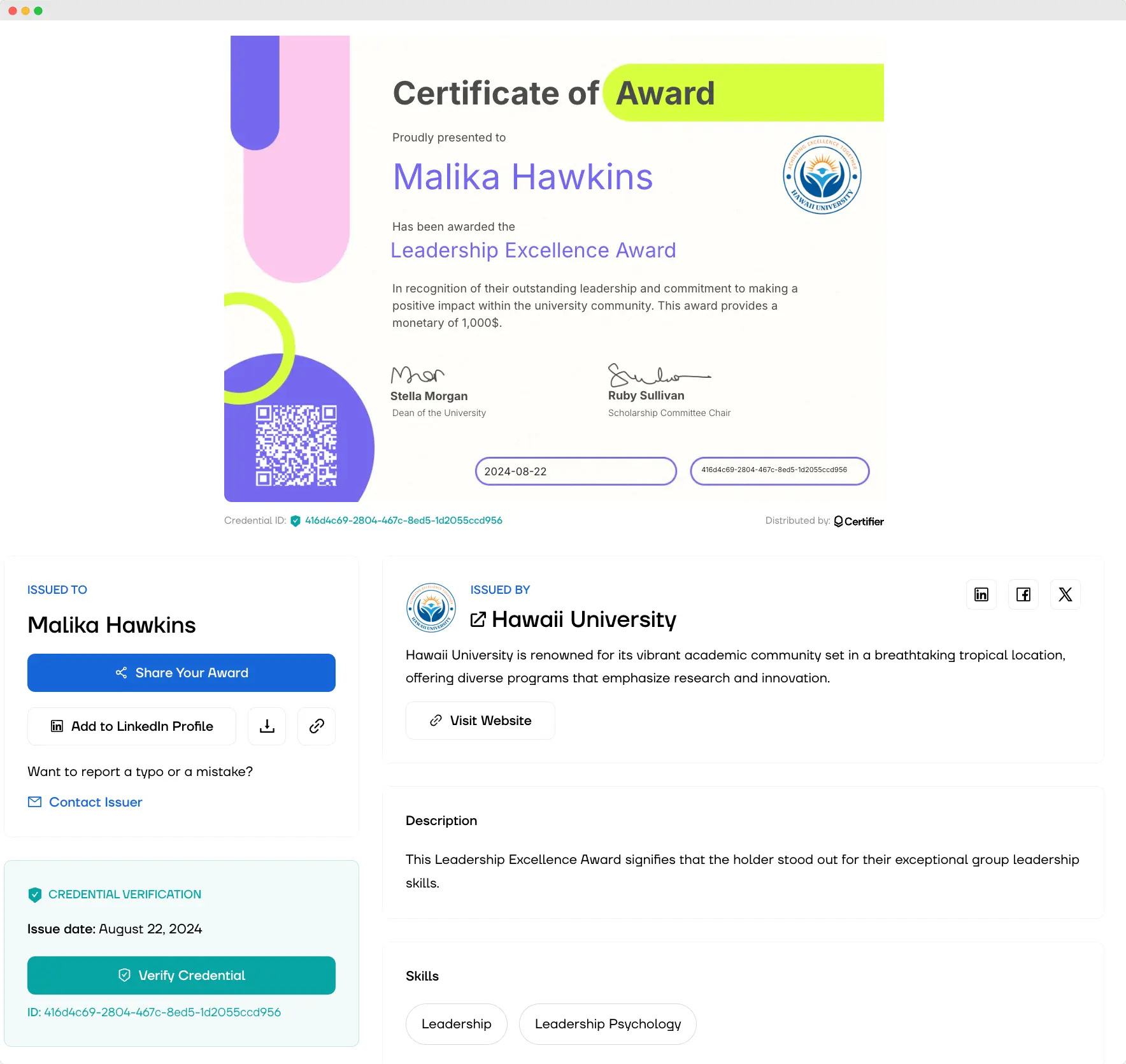 A digital certificate of award from Hawaii University presented in a digital wallet with one-click verification feature.