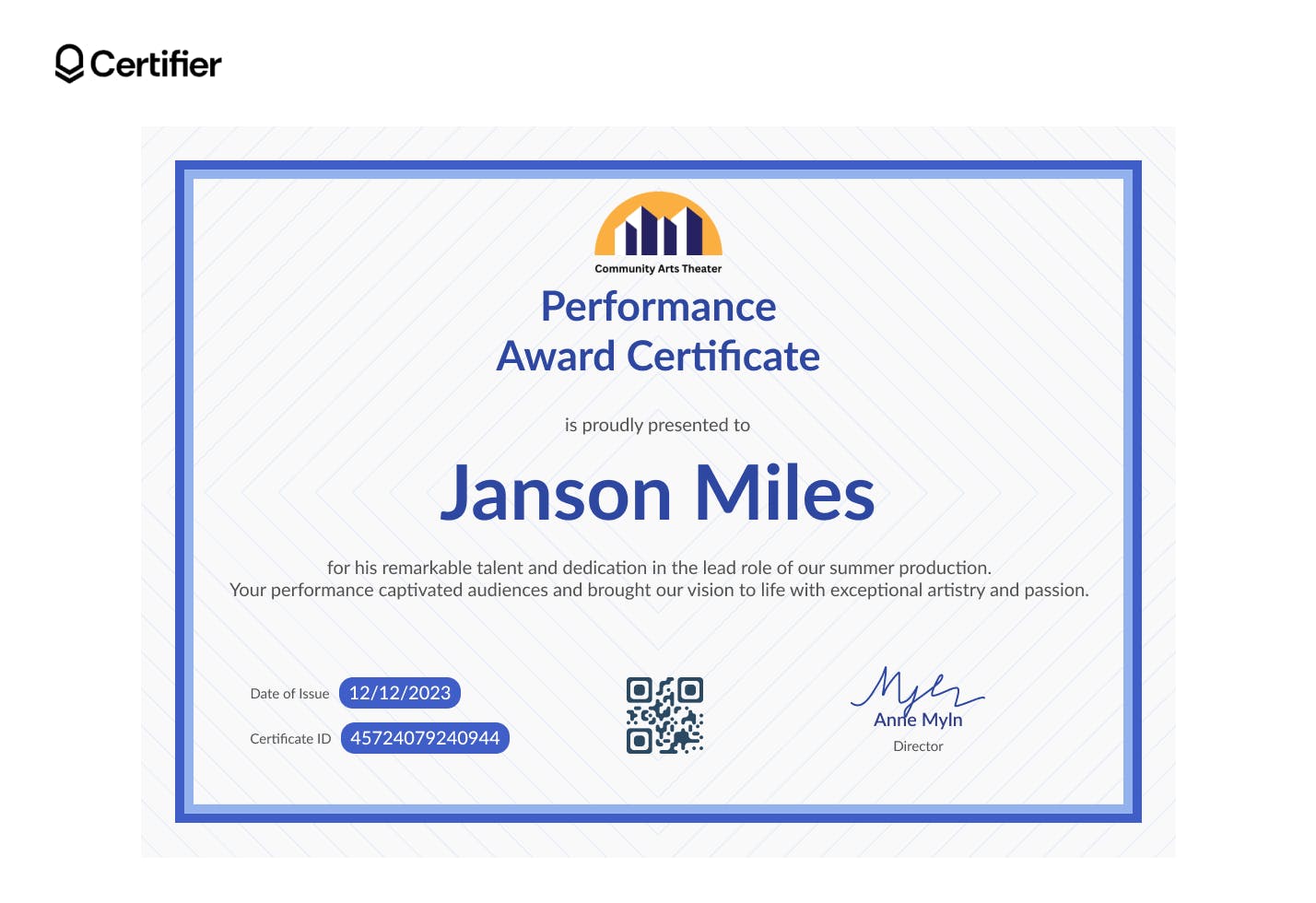 A performance award certificate, demonstrating a formal award certificate design with verification features.