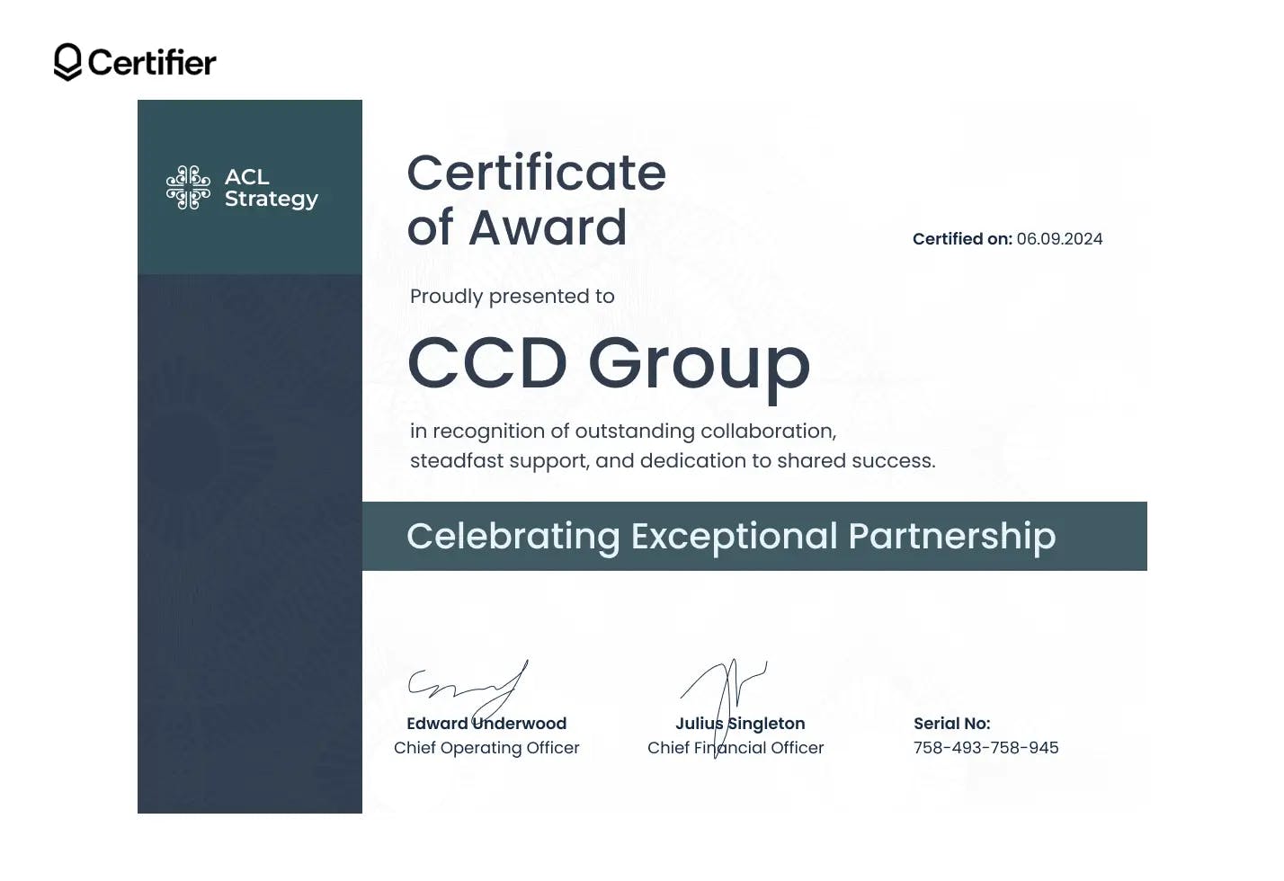 A certificate of award for the CCD Group, celebrating exceptional partnership, featuring a professional award certificate template design.