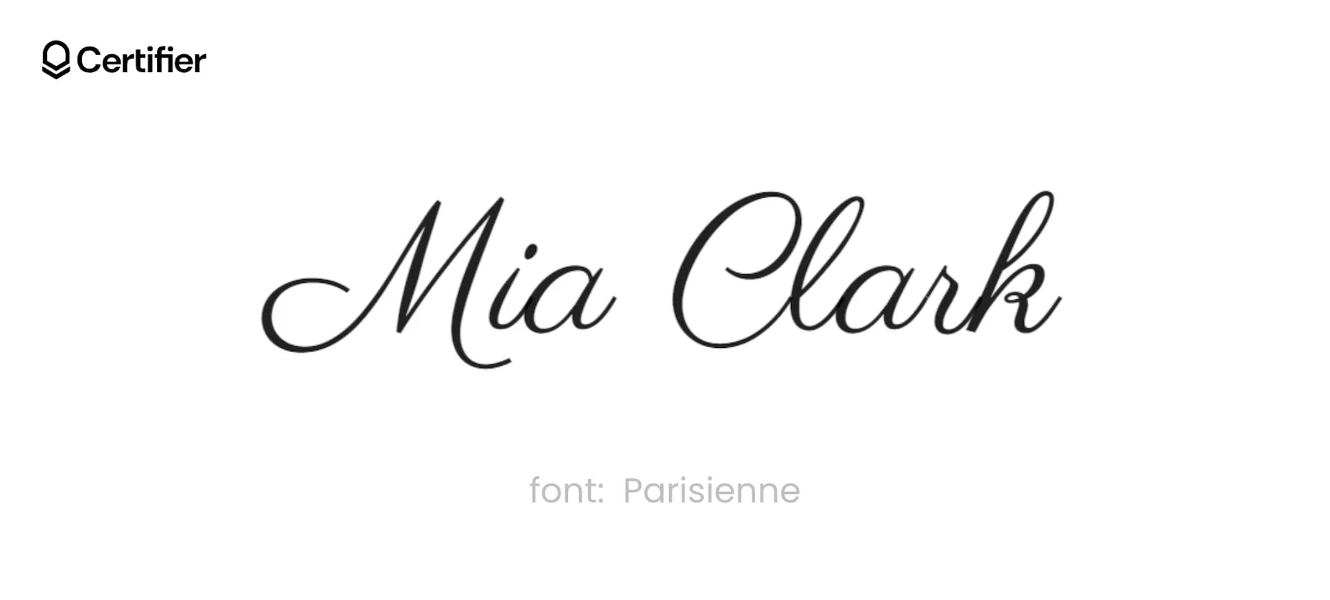 The Parisienne font presented on a white background with the Certifier logo on top