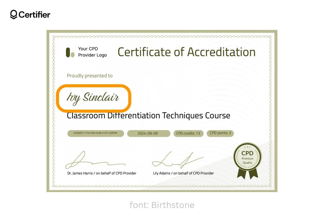 The Birthstone font in scholarship certificate template from Certifier.