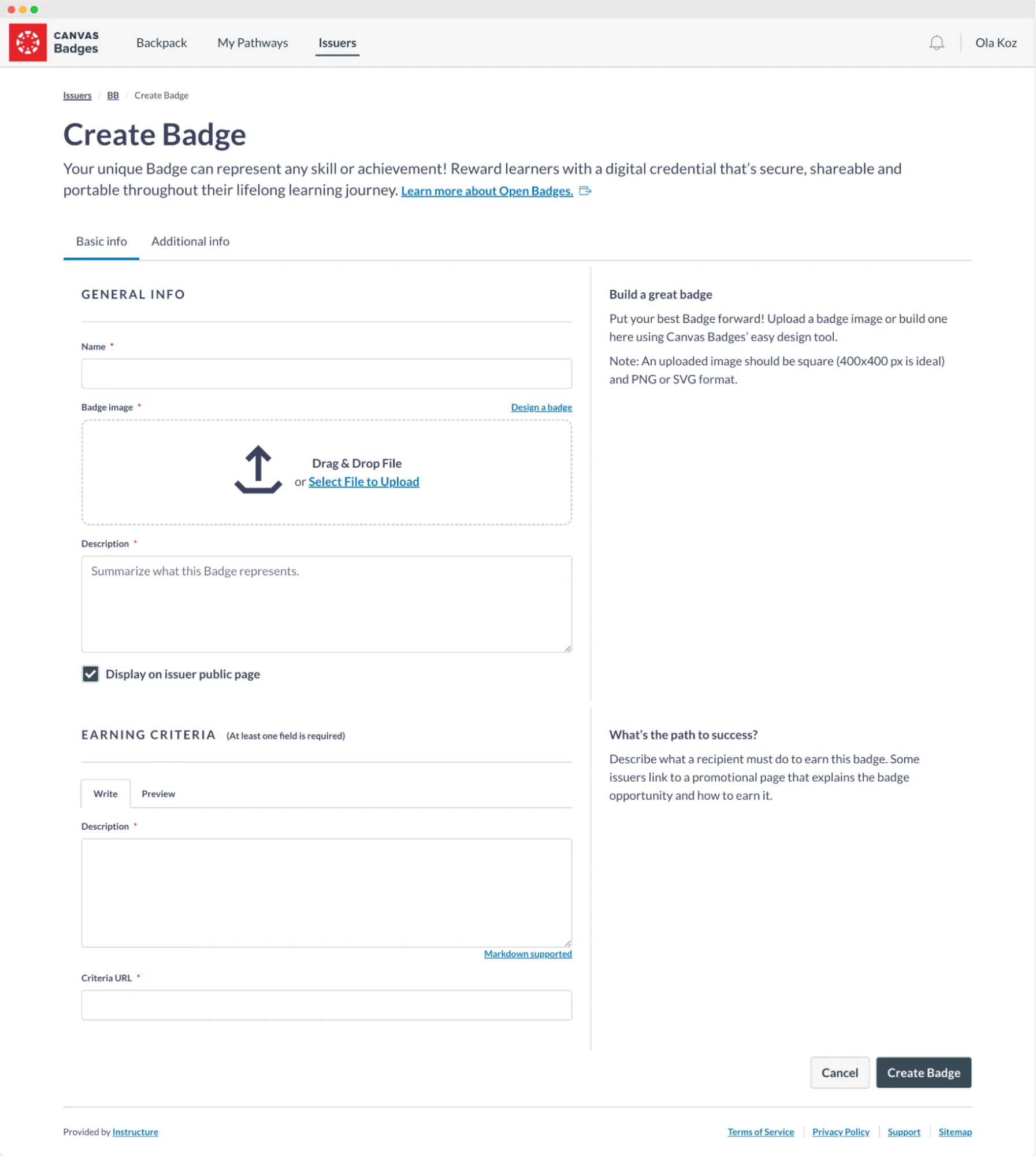 Canvas Badges platform that prompts users to input general information