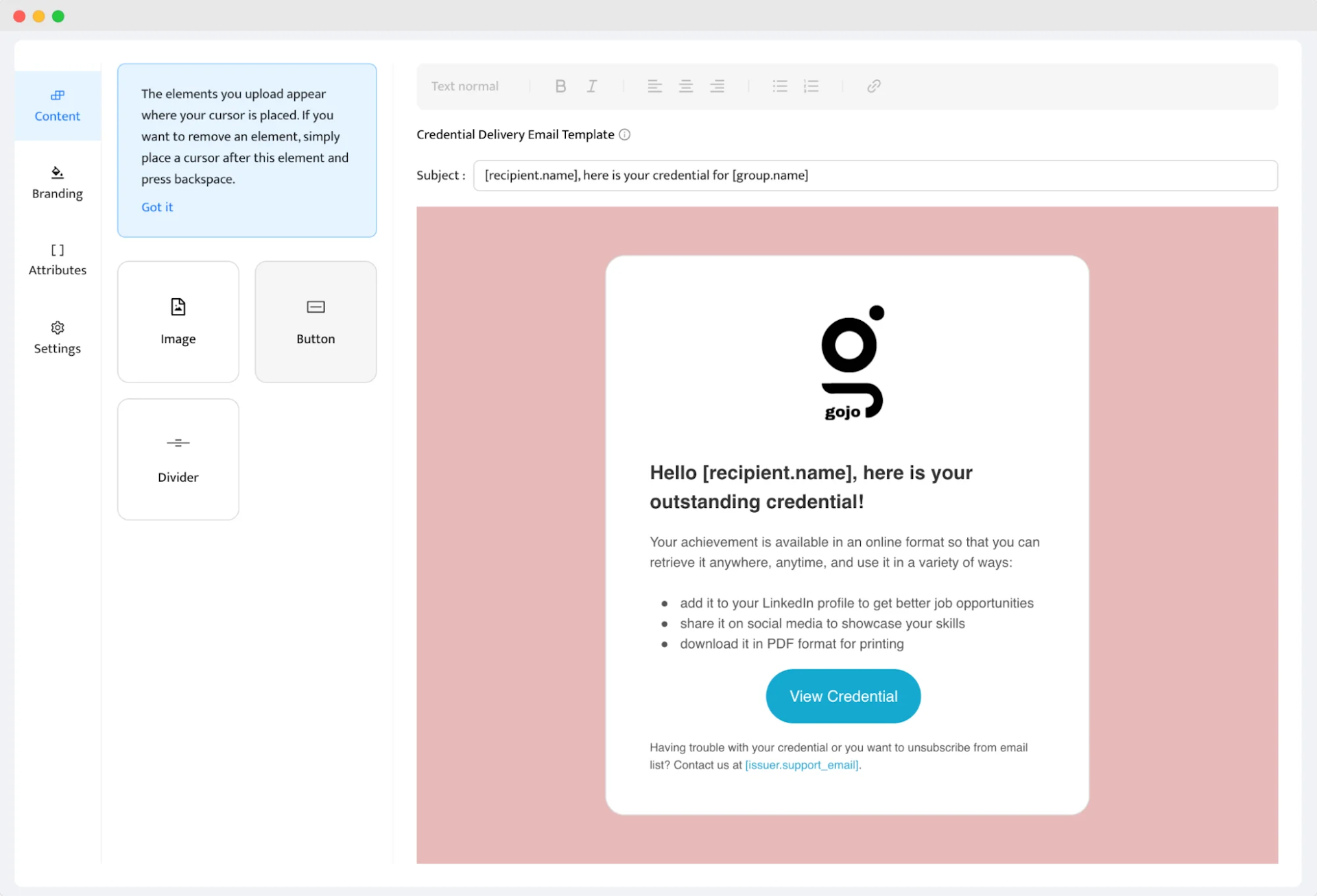 Email editor for creating credential delivery templates. The template example shows a subject line with placeholders for recipient and group names, and a body prompting the recipient to 