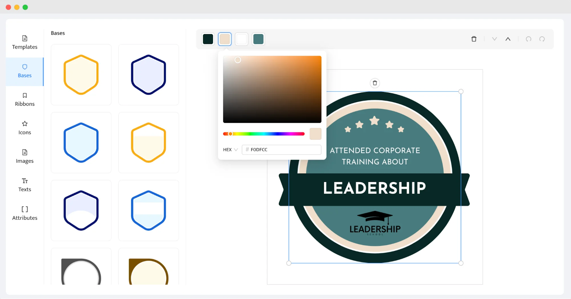 Certifier's badge creation tool with options to customize the base design, colors, and elements of a badge