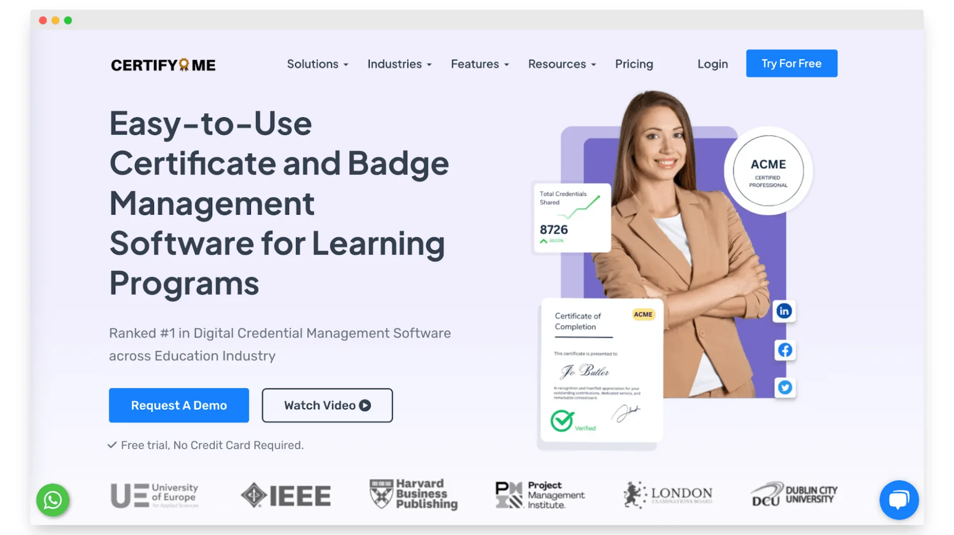 CertifyMe website promoting its certificate and badge management software