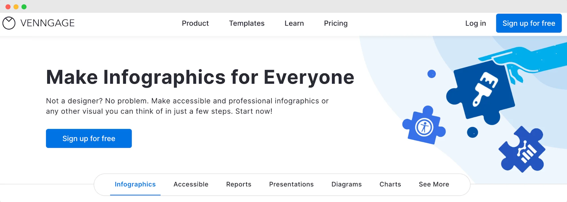 Venngage’s homepage offering tools to make infographics