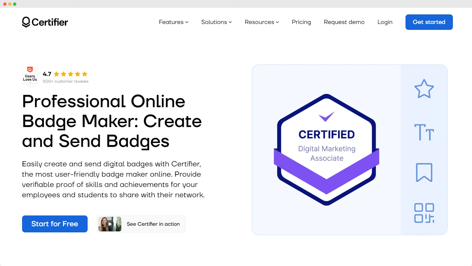 A platform offering digital credential management for virtual badges and certificates, featuring options for educational providers to track and issue certificates, shared online through secure Certifier technology