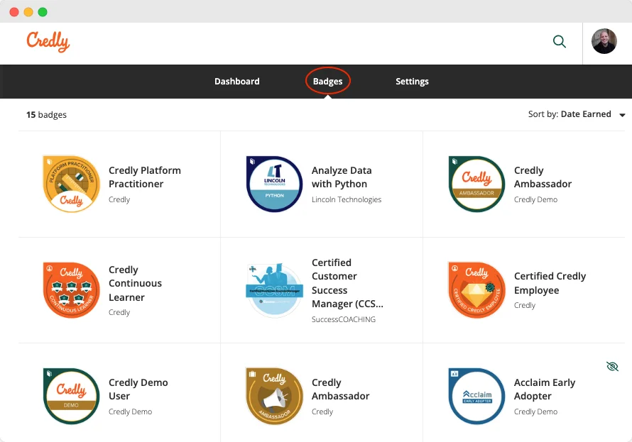 A list of digital badges on the dashboard of the Credly platform, allowing clients and organizations to easily manage and verify credentials through automation features and training program support