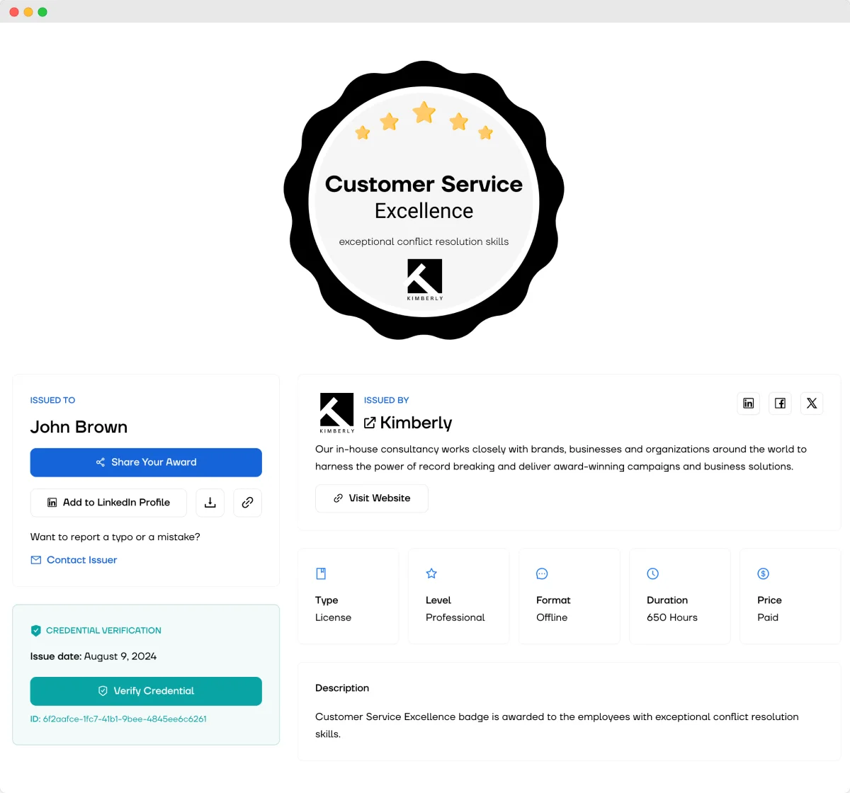 A preview of a digital wallet pass with a QR code and certificate information, showing how Certifier allows recipients to save certificates to digital wallets, optimizing the certificate process for online courses and training programs