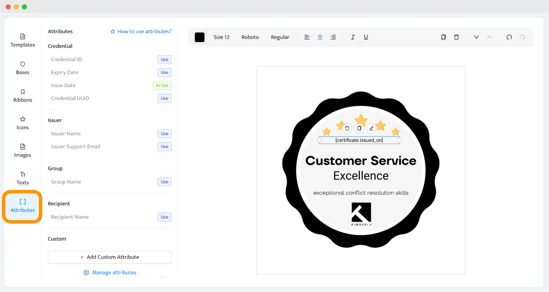 A certificate designer tool displaying attributes like credential ID, issue date, and recipient name, showing how Certifier helps automate the certification process for verifiable certificates and digital badges